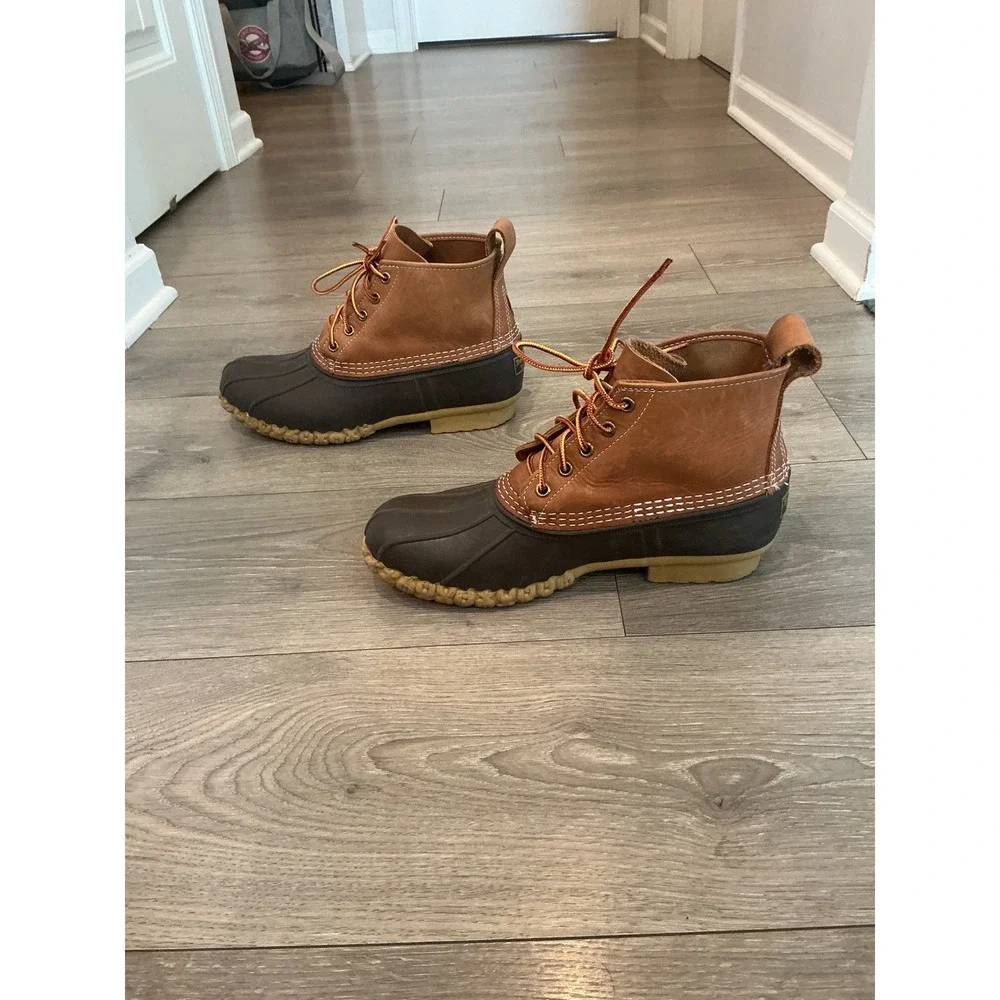 LL Bean Mens Leather Duck Boots 12 Brown Tan Bean Boots Rubber Rain Fisherman